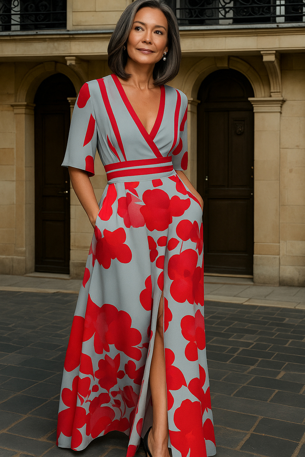 Emily Milano V-Neck Midi Dress with Sleeve