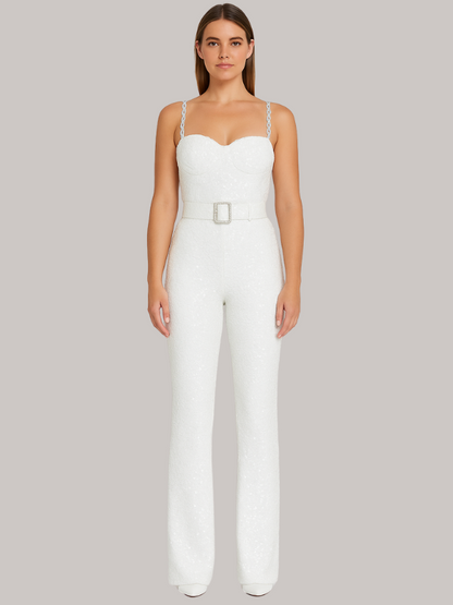 Elizabeth - Women’s Strapless Glitter Jumpsuit with Waist Belt