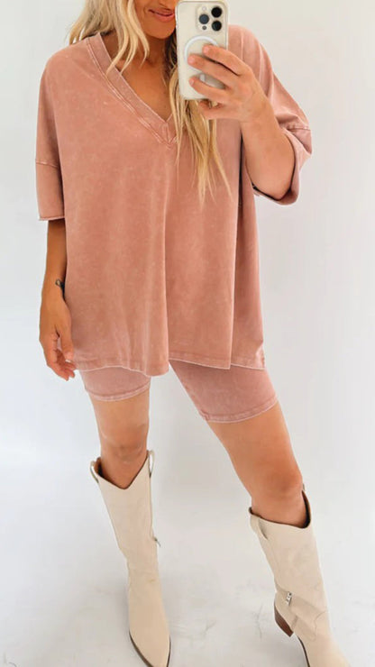 Ariana - Acid Wash Oversized Tee and Biker Shorts Set