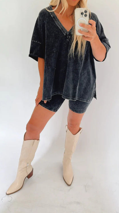 Ariana - Acid Wash Oversized Tee and Biker Shorts Set