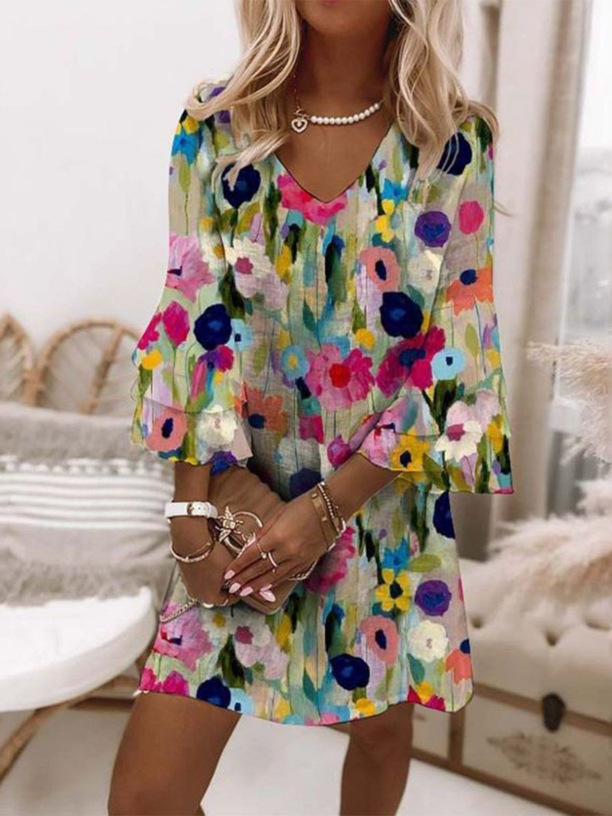Tabitha - Romantic Floral Print V-Neck Mini Dress