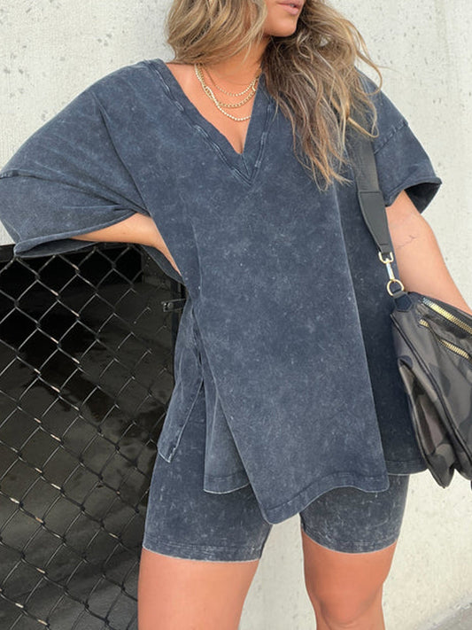 Ariana - Acid Wash Oversized Tee and Biker Shorts Set