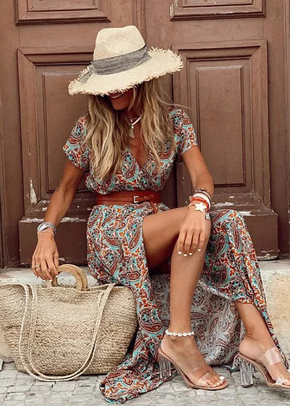 Briony – Elegant Long Dress with Paisley Prints and Belt